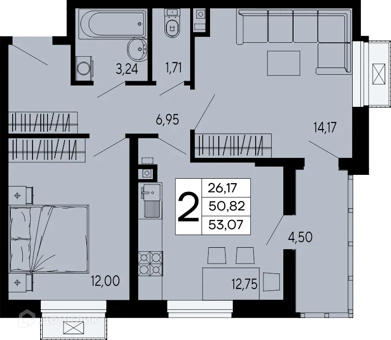 Планировка 2-комнатной квартиры 53.07 м² в "Эпос", г. Майкоп — фото 1