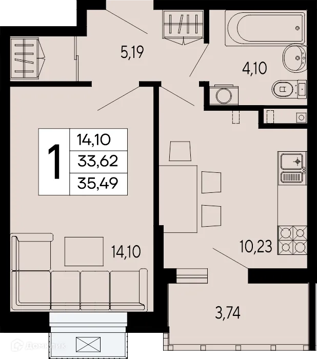 Планировка 1-комнатной квартиры 35.49 м² в "Эпос", г. Майкоп — фото 1