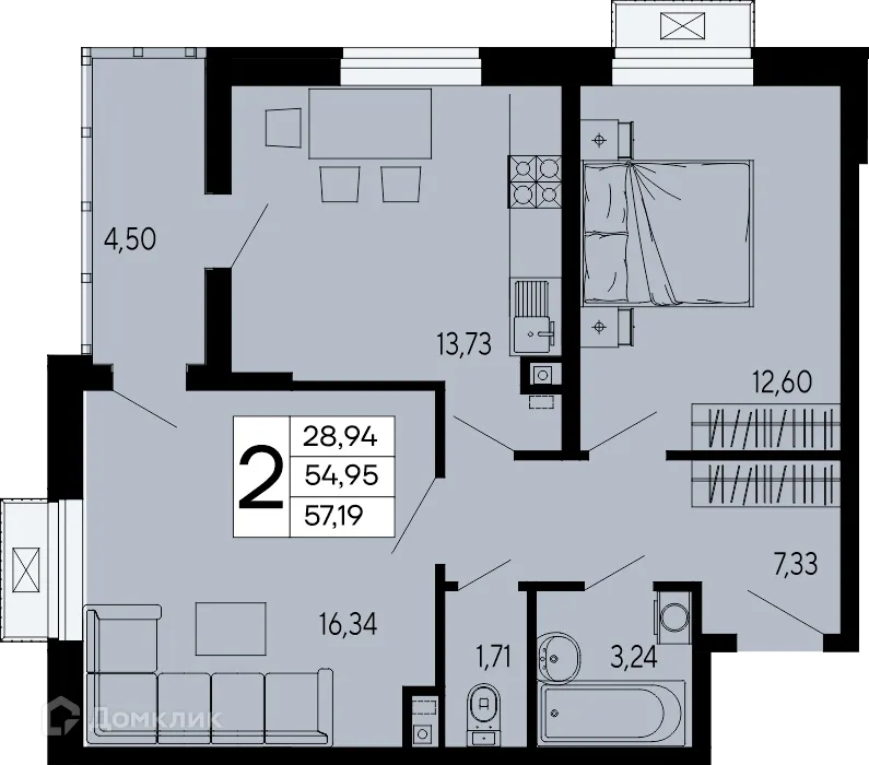 Планировка 2-комнатной квартиры 57.19 м² в "Эпос", г. Майкоп — фото 1