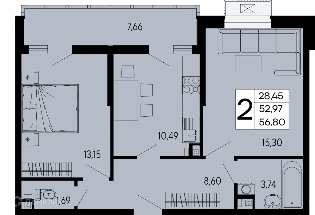 Планировка 2-комнатной квартиры 56.8 м² в "Эпос", г. Майкоп — фото 1