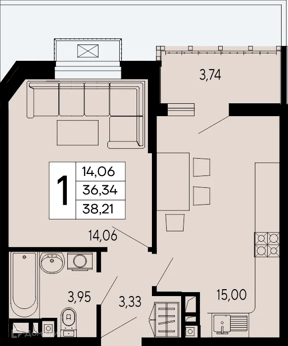 Планировка 1-комнатной квартиры 38.21 м² в "Эпос", г. Майкоп — фото 1