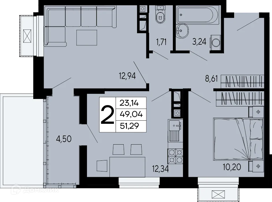 Планировка 2-комнатной квартиры 51.29 м² в "Эпос", г. Майкоп — фото 1