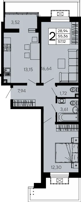 Планировка 2-комнатной квартиры 57.12 м² в "Эпос", г. Майкоп — фото 1