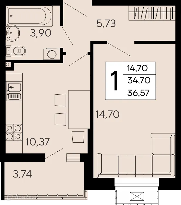 Планировка 1-комнатной квартиры 36.57 м² в "Эпос", г. Майкоп — фото 1