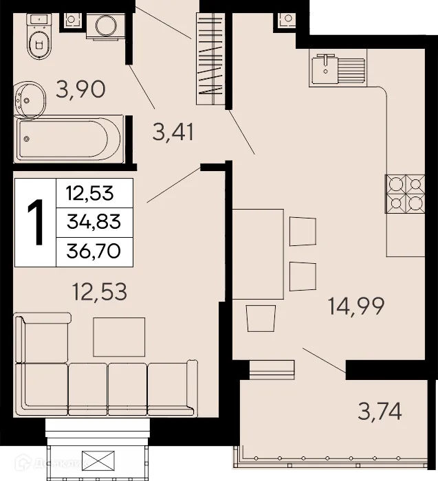 Планировка 1-комнатной квартиры 36.7 м² в "Эпос", г. Майкоп — фото 1