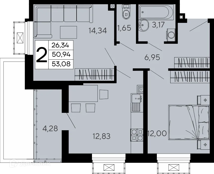 Планировка 2-комнатной квартиры 53.08 м² в "Эпос", г. Майкоп — фото 1