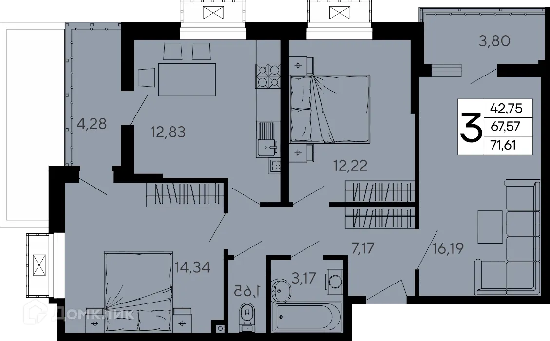 Планировка 3-комнатной квартиры 71.61 м² в "Эпос", г. Майкоп — фото 1