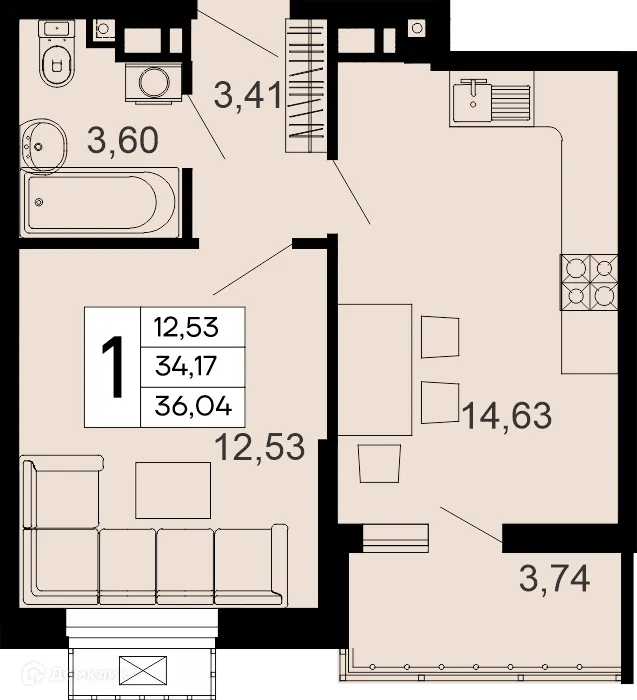 Планировка 1-комнатной квартиры 36.04 м² в "Эпос", г. Майкоп — фото 1