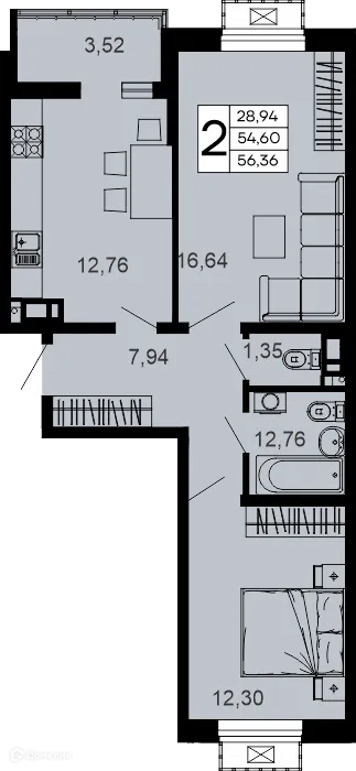 Планировка 2-комнатной квартиры 56.36 м² в "Эпос", г. Майкоп — фото 1
