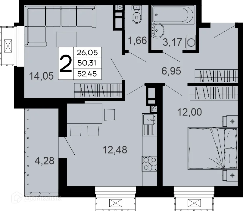 Планировка 2-комнатной квартиры 52.45 м² в "Эпос", г. Майкоп — фото 1