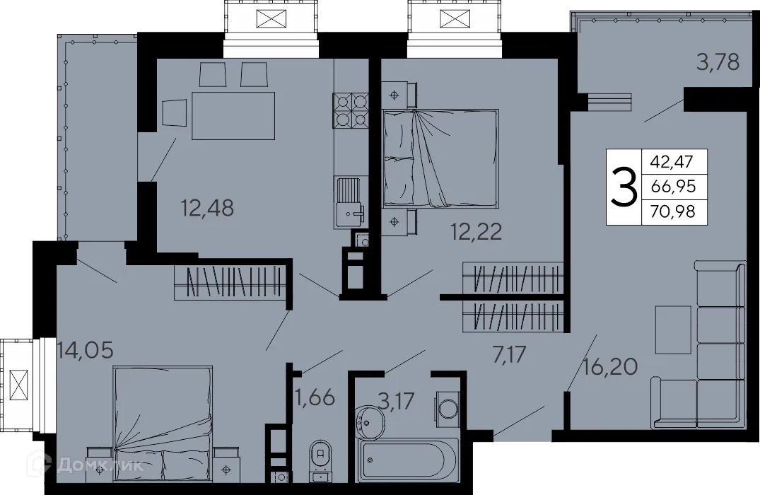 Планировка 3-комнатной квартиры 70.98 м² в "Эпос", г. Майкоп — фото 1