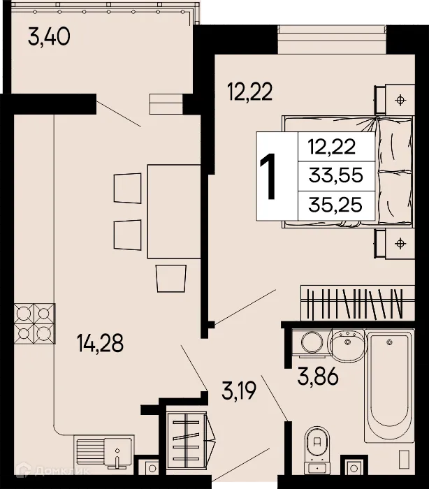 Планировка 1-комнатной квартиры 35.25 м² в "Эпос", г. Майкоп — фото 1