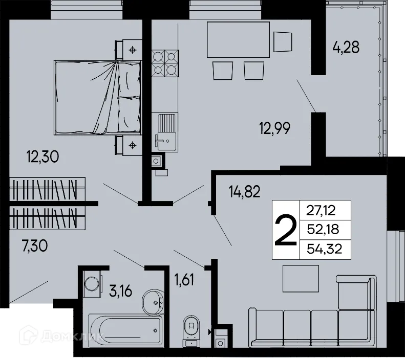 Планировка 2-комнатной квартиры 54.32 м² в "Эпос", г. Майкоп — фото 1