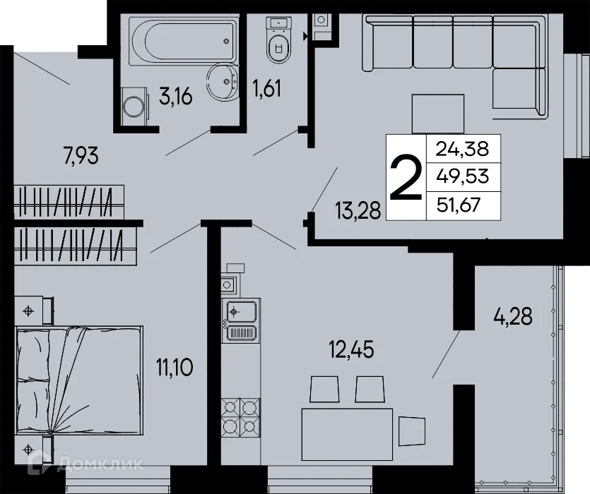 Планировка 2-комнатной квартиры 51.67 м² в "Эпос", г. Майкоп — фото 1