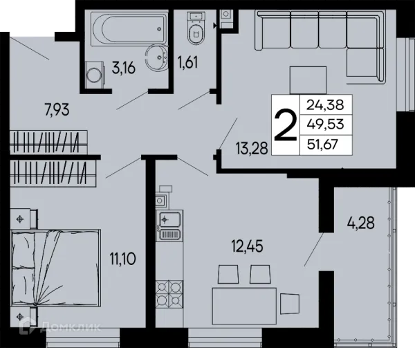 Планировка 2 комн. в "Эпос"