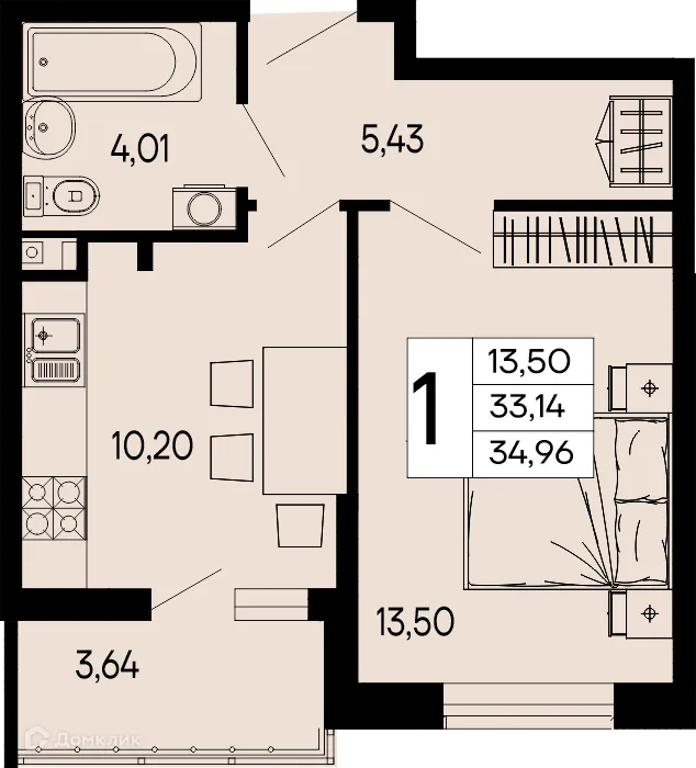 Планировка 1-комнатной квартиры 34.96 м² в "Эпос", г. Майкоп — фото 1