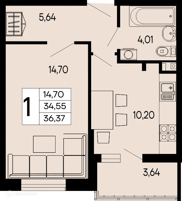 Планировка 1-комнатной квартиры 36.37 м² в "Эпос", г. Майкоп — фото 1