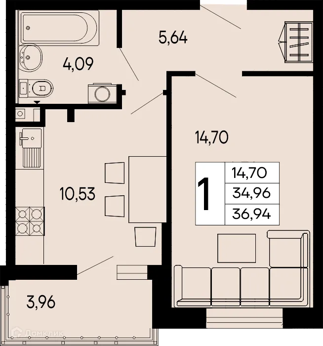 Планировка 1-комнатной квартиры 36.94 м² в "Эпос", г. Майкоп — фото 1