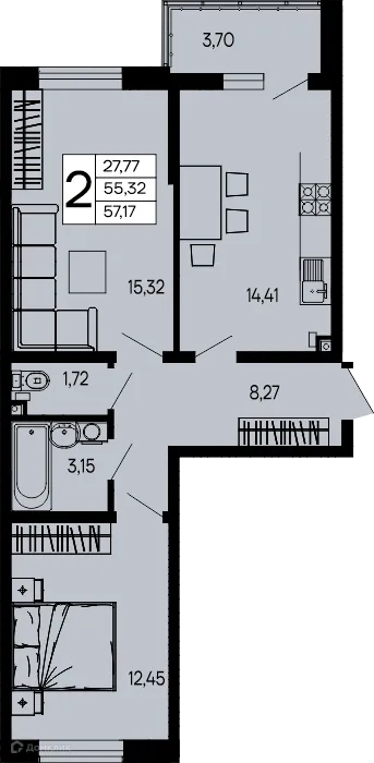 Планировка 2-комнатной квартиры 57.17 м² в "Эпос", г. Майкоп — фото 1