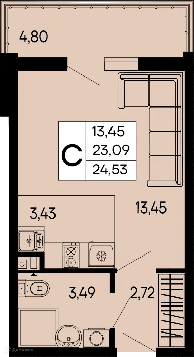 Планировка студии квартиры 24.53 м² в "Эпос", г. Майкоп — фото 1