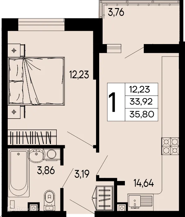 Планировка 1-комнатной квартиры 35.8 м² в "Эпос", г. Майкоп — фото 1