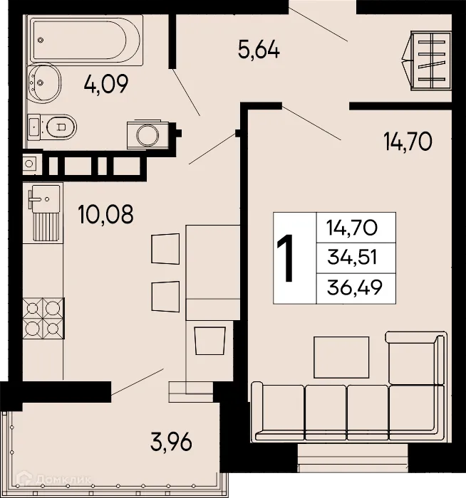 Планировка 1-комнатной квартиры 36.49 м² в "Эпос", г. Майкоп — фото 1