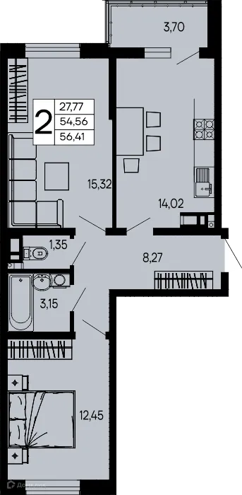 Планировка 2-комнатной квартиры 56.41 м² в "Эпос", г. Майкоп — фото 1