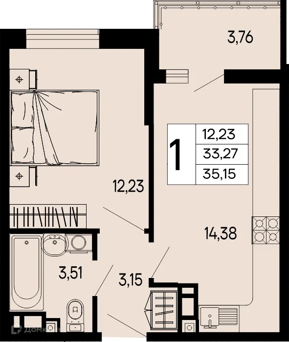Планировка 1-комнатной квартиры 35.15 м² в "Эпос", г. Майкоп — фото 1
