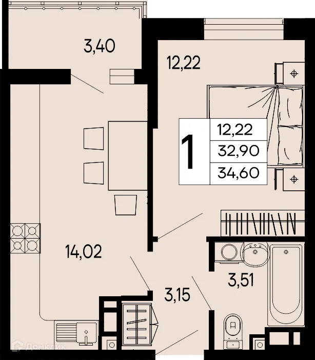 Планировка 1-комнатной квартиры 34.6 м² в "Эпос", г. Майкоп — фото 1