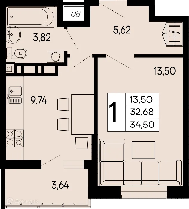 Планировка 1-комнатной квартиры 34.5 м² в "Эпос", г. Майкоп — фото 1