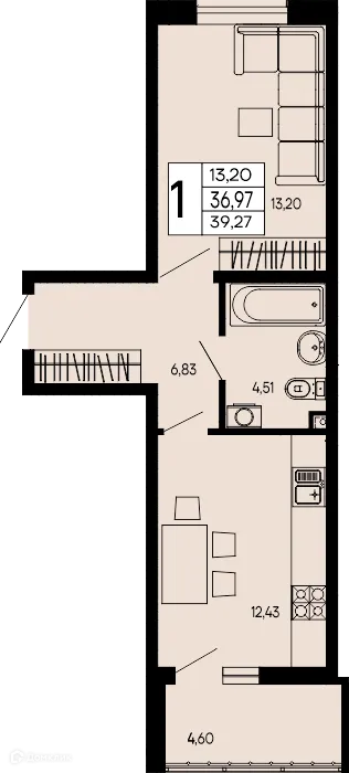 Планировка 1-комнатной квартиры 39.27 м² в "Эпос", г. Майкоп — фото 1