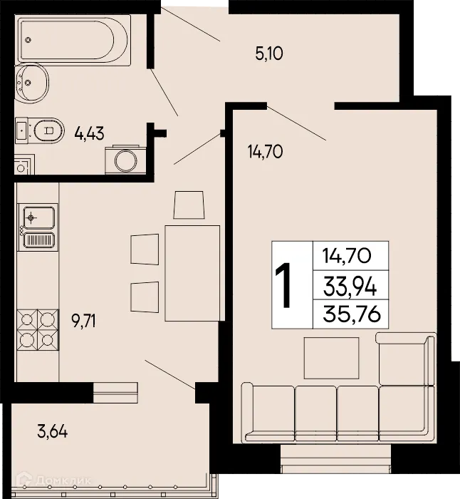 Планировка 1-комнатной квартиры 35.76 м² в "Эпос", г. Майкоп — фото 1