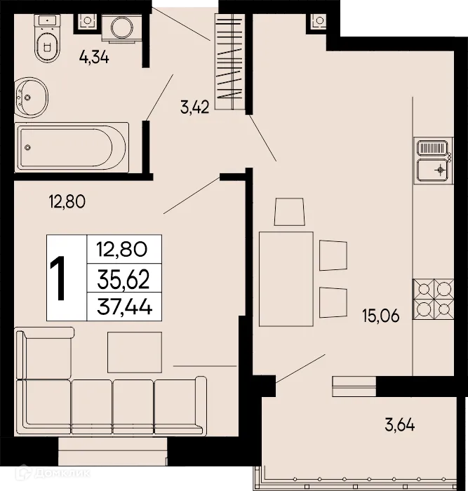 Планировка 1-комнатной квартиры 37.44 м² в "Эпос", г. Майкоп — фото 1