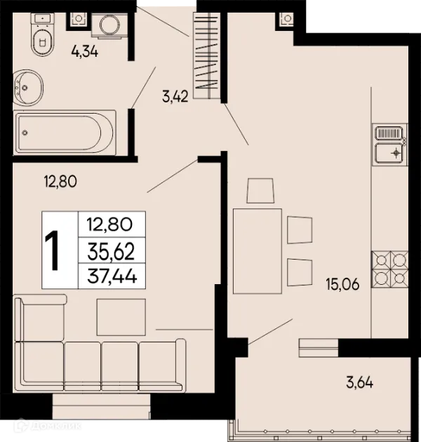Планировка 1 комн. в "Эпос"
