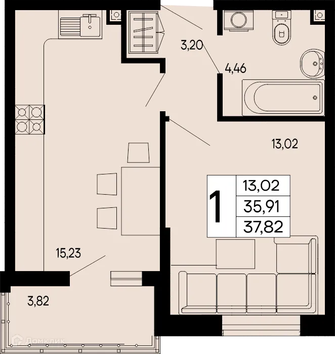 Планировка 1-комнатной квартиры 37.82 м² в "Эпос", г. Майкоп — фото 1