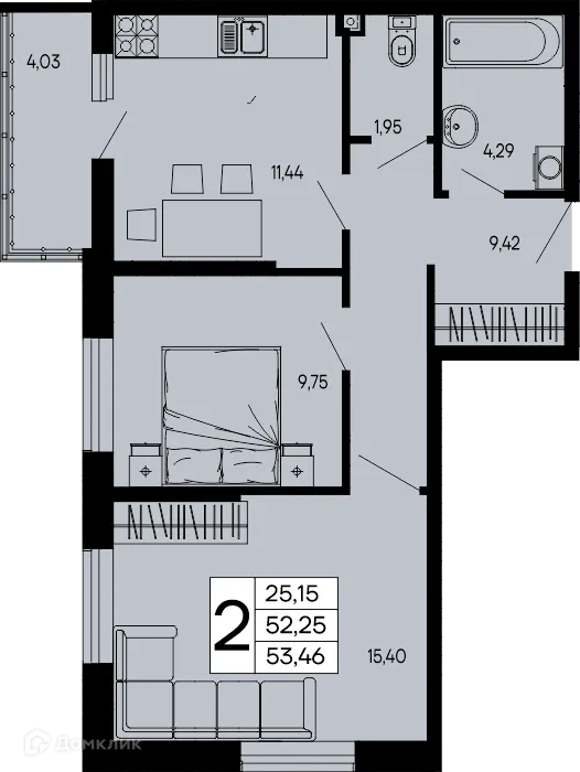 Планировка 2-комнатной квартиры 53.46 м² в "Эпос", г. Майкоп — фото 1