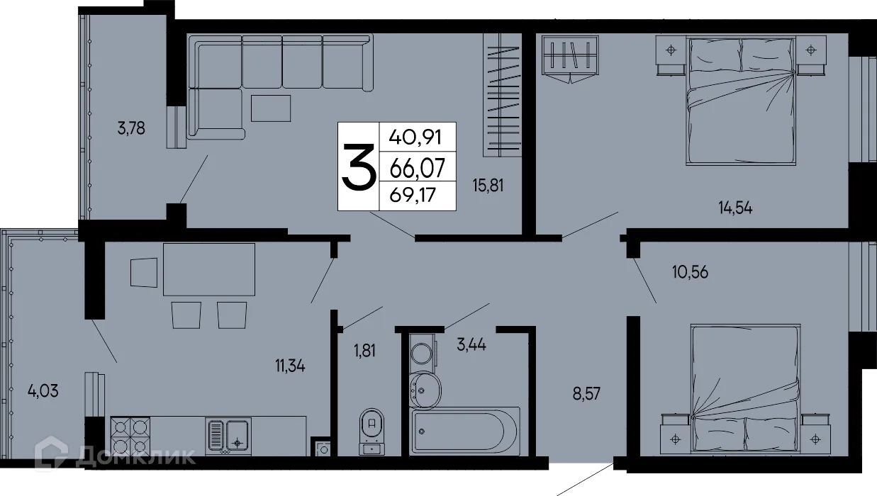 Планировка 3-комнатной квартиры 69.17 м² в "Эпос", г. Майкоп — фото 1