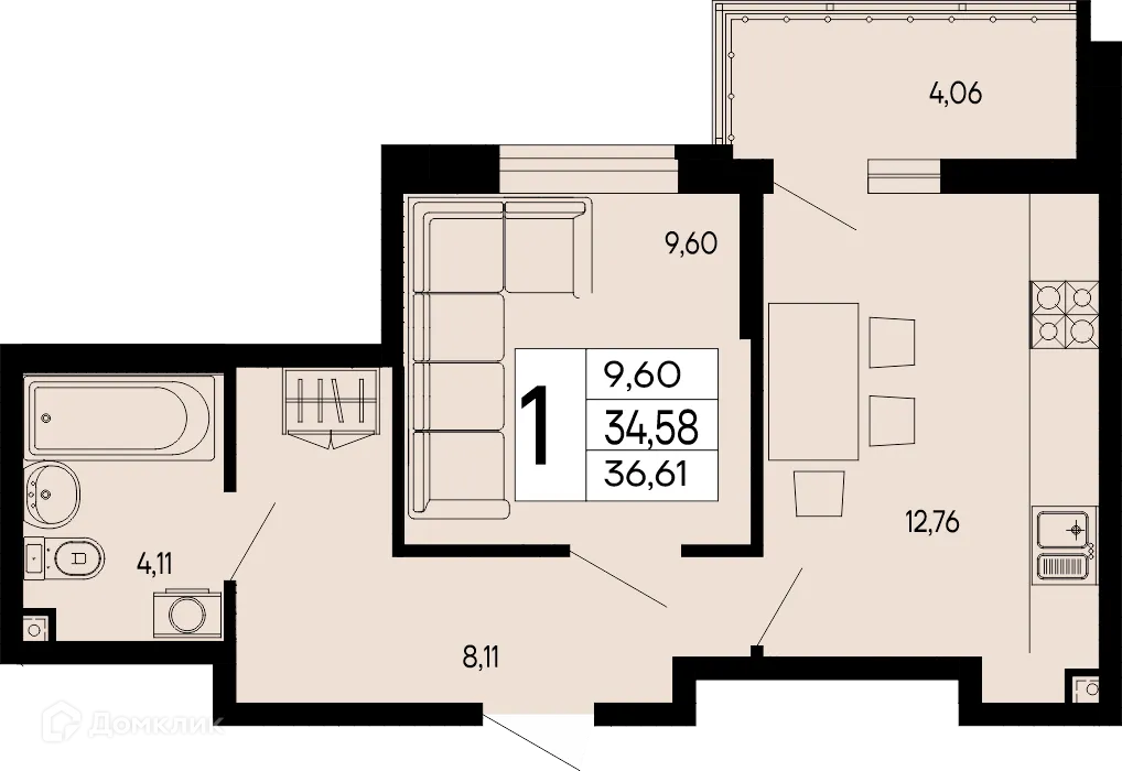 Планировка 1-комнатной квартиры 36.61 м² в "Эпос", г. Майкоп — фото 1