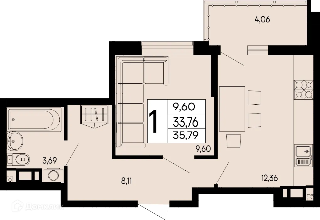 Планировка 1-комнатной квартиры 35.79 м² в "Эпос", г. Майкоп — фото 1