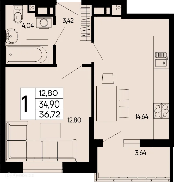 Планировка 1-комнатной квартиры 36.72 м² в "Эпос", г. Майкоп — фото 1