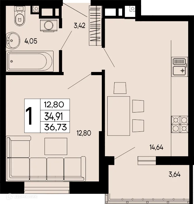 Планировка 1-комнатной квартиры 36.73 м² в "Эпос", г. Майкоп — фото 1
