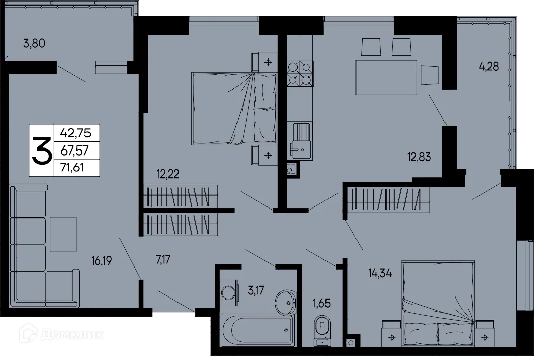 Планировка 3-комнатной квартиры 71.61 м² в "Эпос", г. Майкоп — фото 1