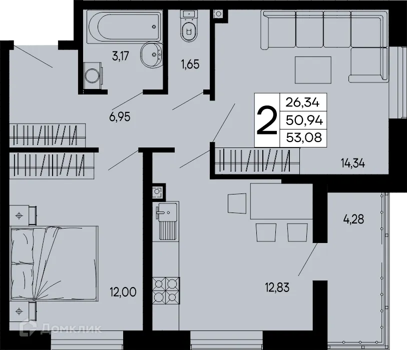 Планировка 2-комнатной квартиры 53.08 м² в "Эпос", г. Майкоп — фото 1