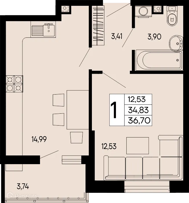 Планировка 1-комнатной квартиры 36.7 м² в "Эпос", г. Майкоп — фото 1