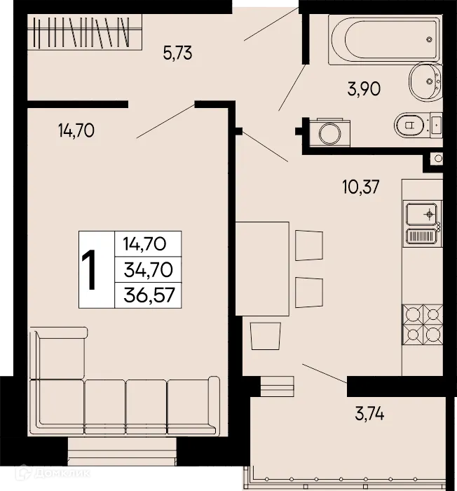 Планировка 1-комнатной квартиры 36.57 м² в "Эпос", г. Майкоп — фото 1