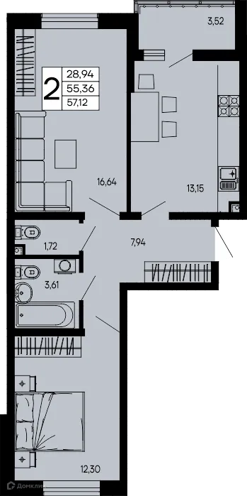 Планировка 2-комнатной квартиры 57.12 м² в "Эпос", г. Майкоп — фото 1