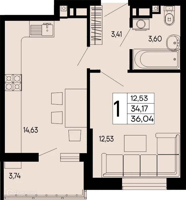 Планировка 1-комнатной квартиры 36.04 м² в "Эпос", г. Майкоп — фото 1