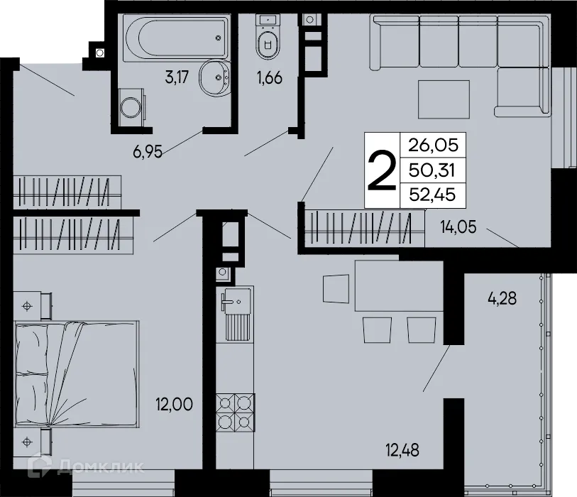 Планировка 2-комнатной квартиры 52.45 м² в "Эпос", г. Майкоп — фото 1