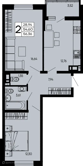 Планировка 2-комнатной квартиры 56.36 м² в "Эпос", г. Майкоп — фото 1