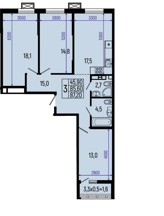 Планировка 3-комнатной квартиры 87.2 м² в ЖК Звёзды, г. Майкоп — фото 1